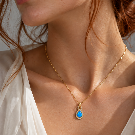 VILOS Shimmering Opalite Pendant worn with gold-plated chain