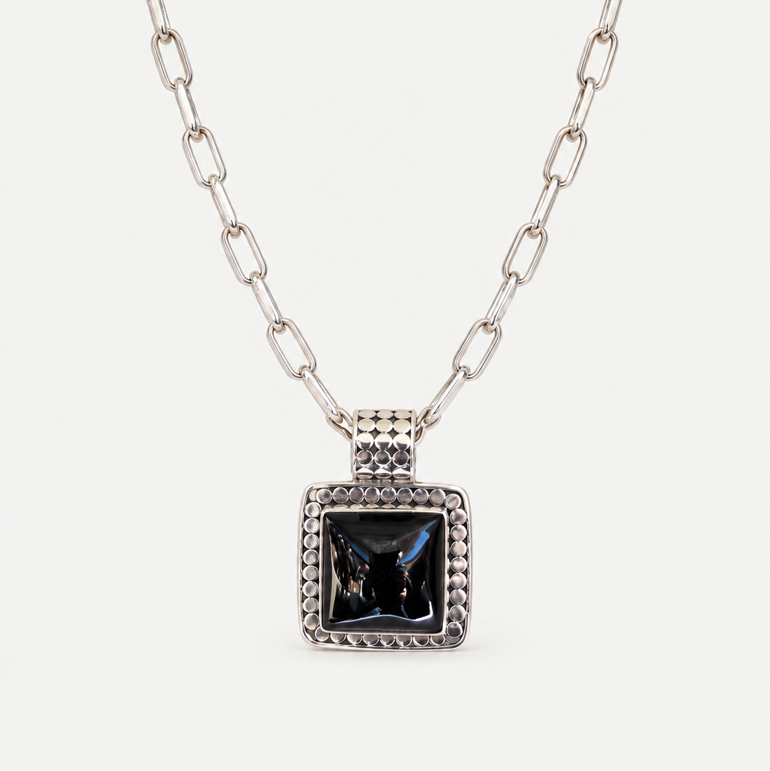 Black Obsidian square pendant with paperclip necklace