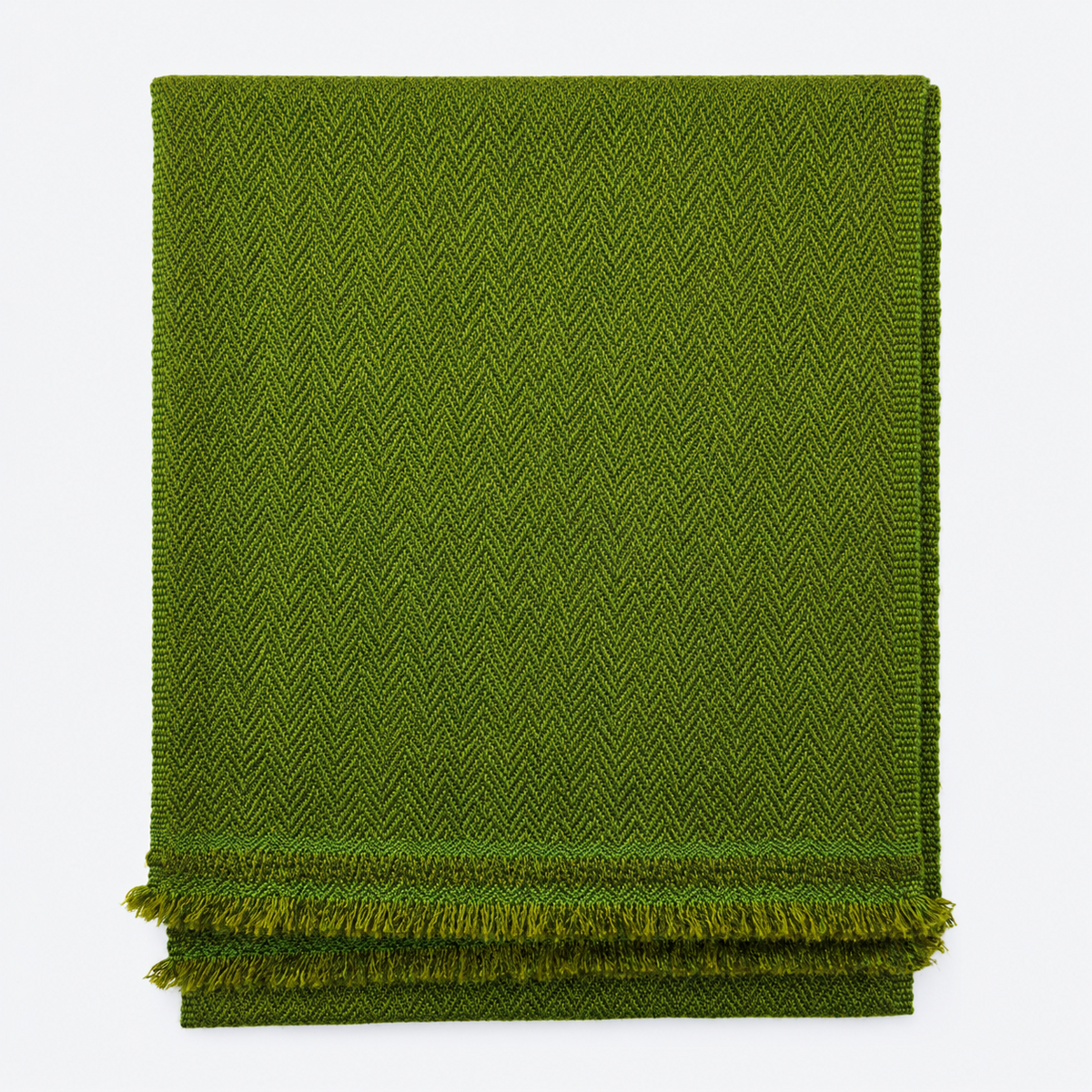 Folded olive green herringbone scarf with fringe