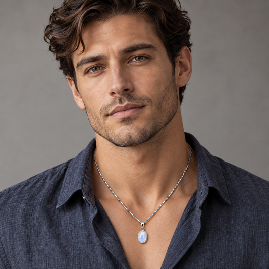 Oval moonstone pendant necklace on male model