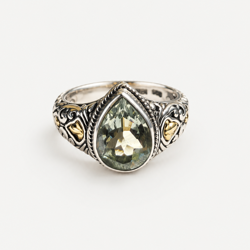 Prasiolite Teardrop Ring pear shaped gemstone in sterling silver and gold accents