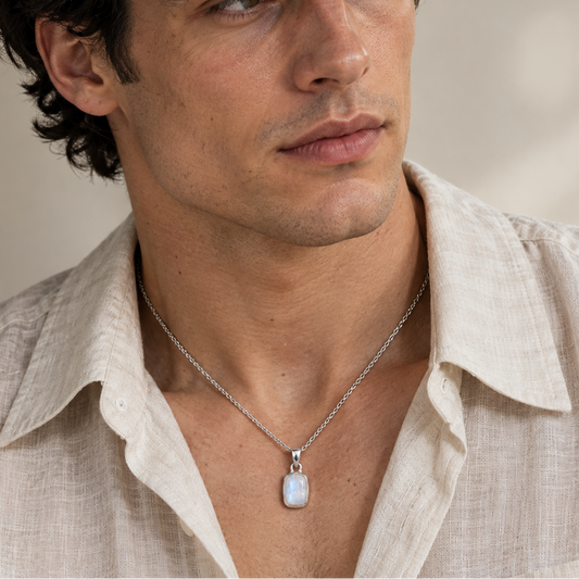 Rectangular moonstone pendant necklace worn with ivory shirt