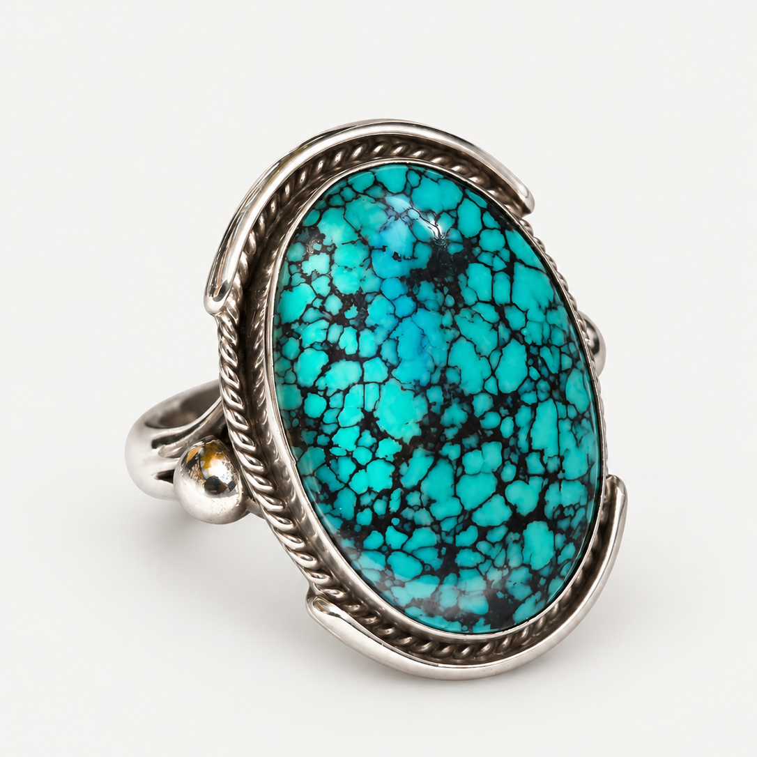 Spiderweb Turquoise Ring angled close-up with detailed spiderweb matrix