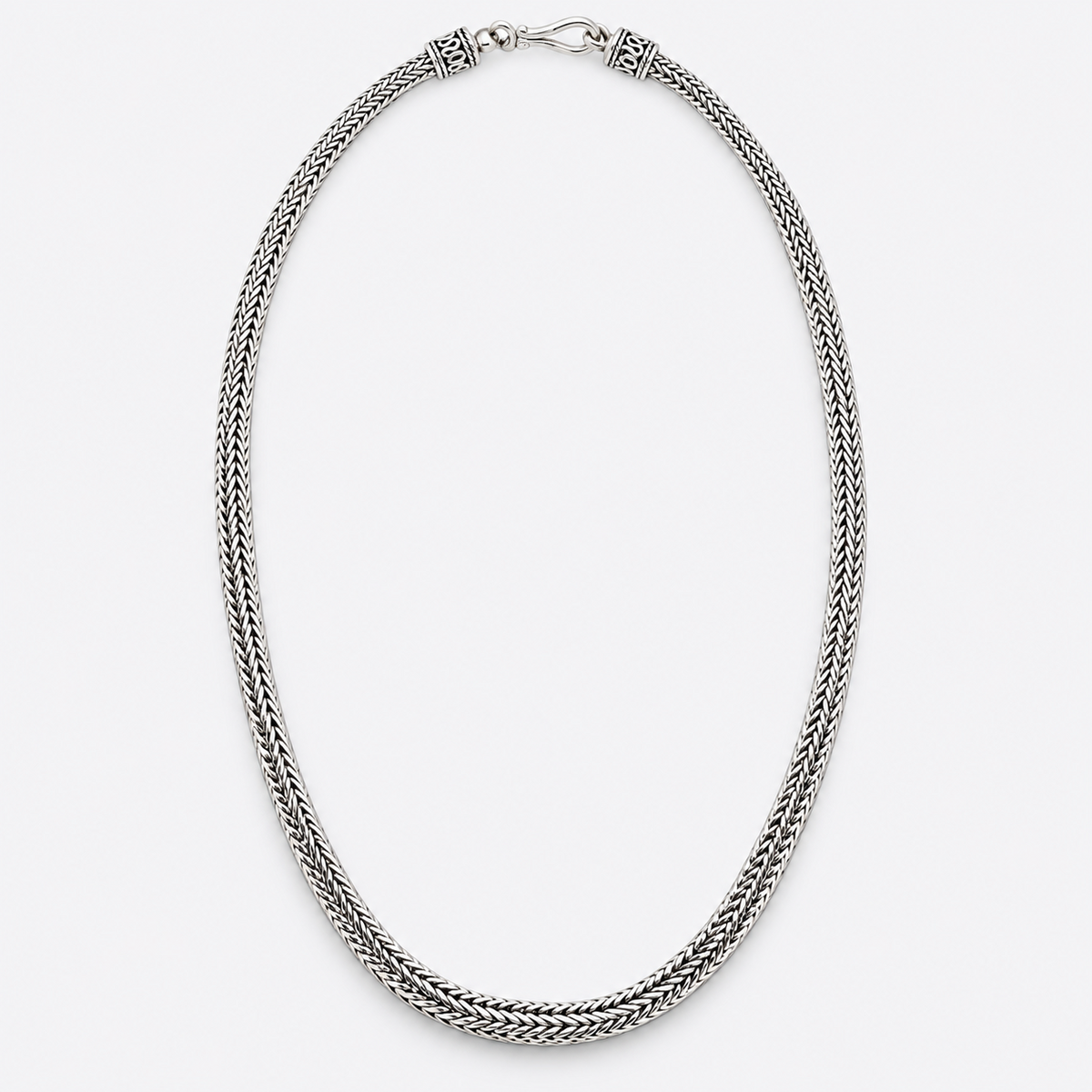 Woven silver chain necklace, full view and hook clasp