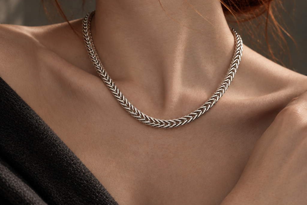 VILOS snake sterling silver chain necklace on model