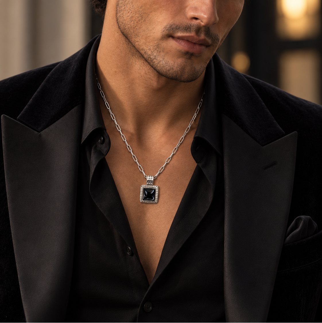 Black Onyx Square Pendant Necklace