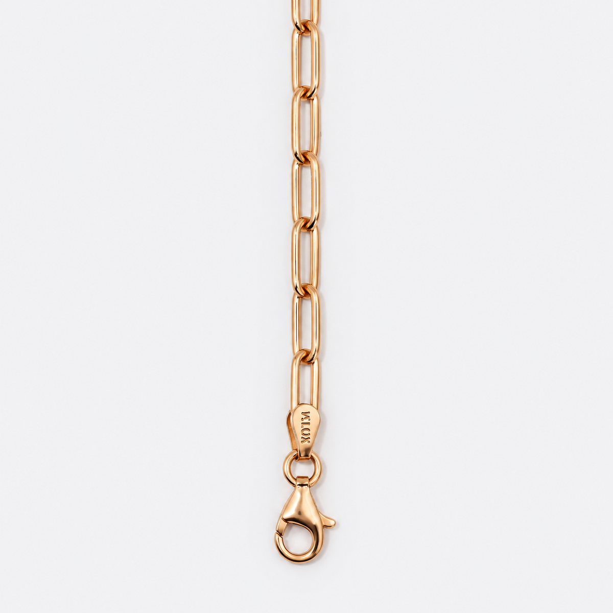 VILOS rose gold paperclip bracelet hallmark and clasp detail