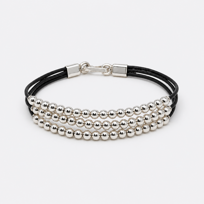VILOS triple strand silver-tone bead and black cord bracelet full view
