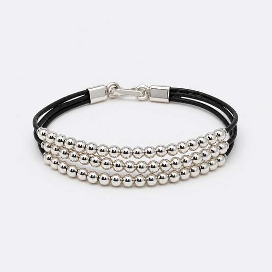 VILOS triple strand silver-tone bead and black cord bracelet full view