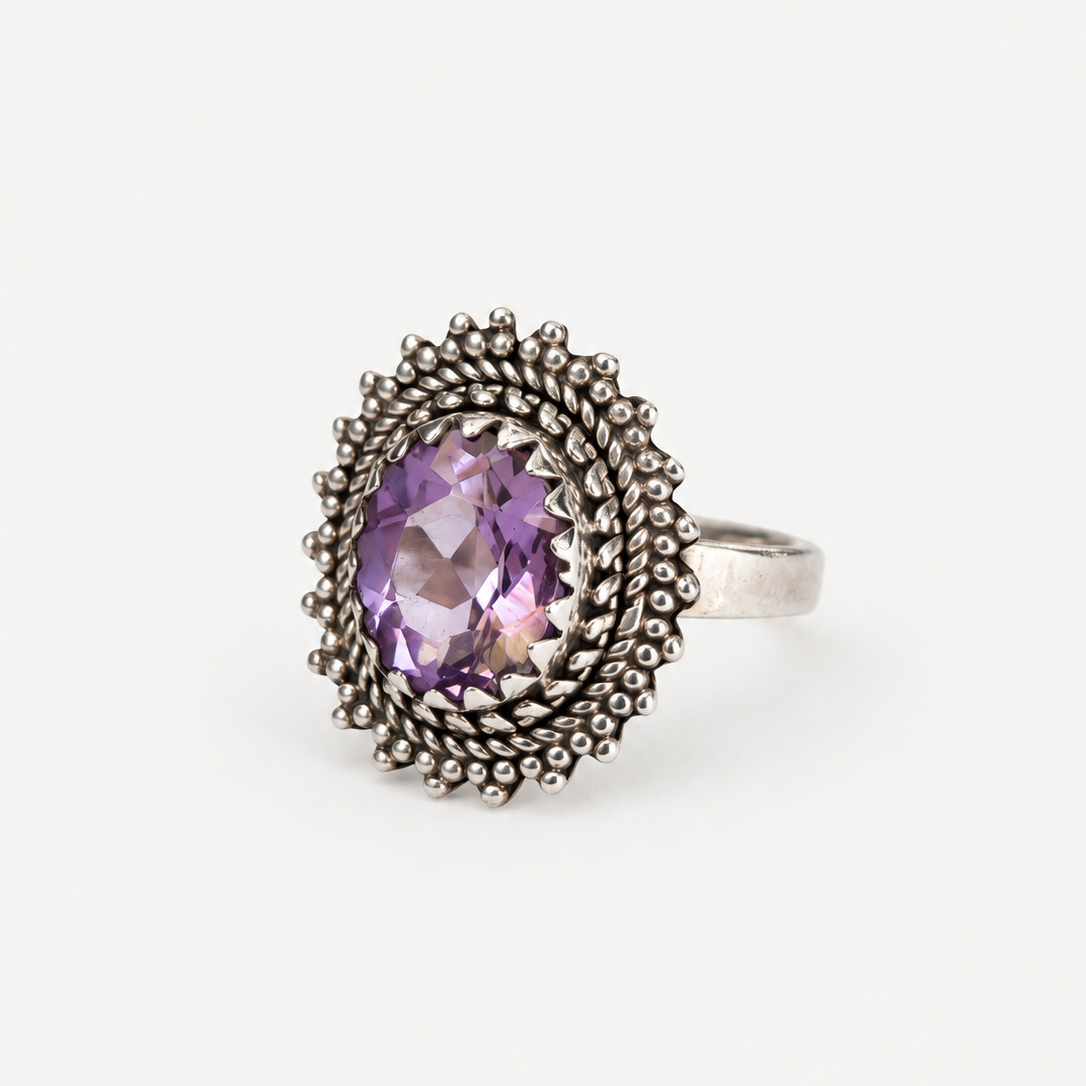 Amethyst Cocktail Band — ornate silver detail