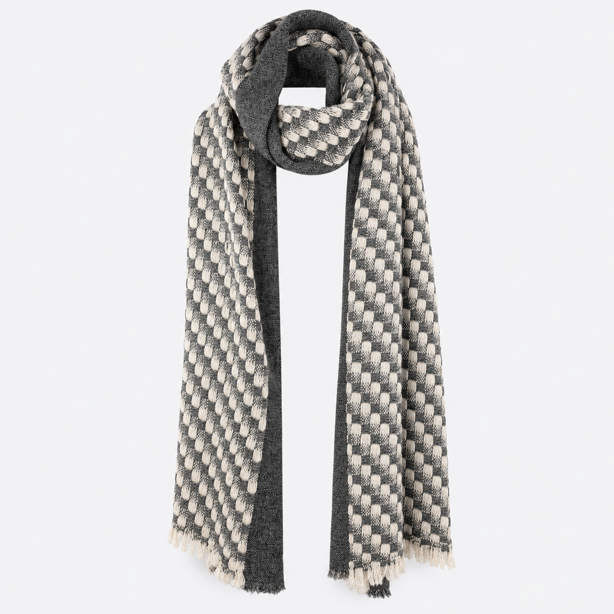 Charcoal and cream cashmere checkered scarf draped front view