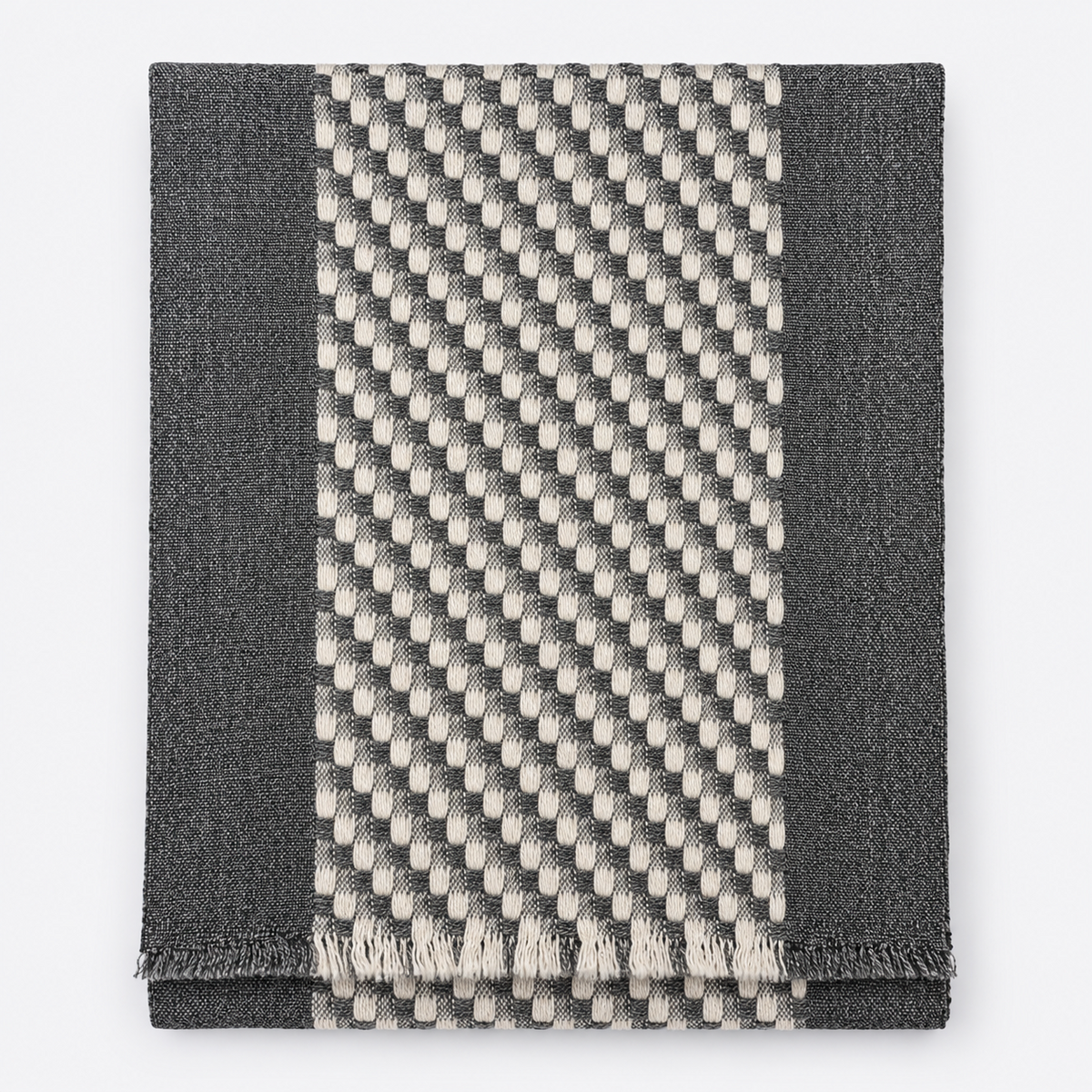 Folded charcoal and cream checkered scarf with fringe