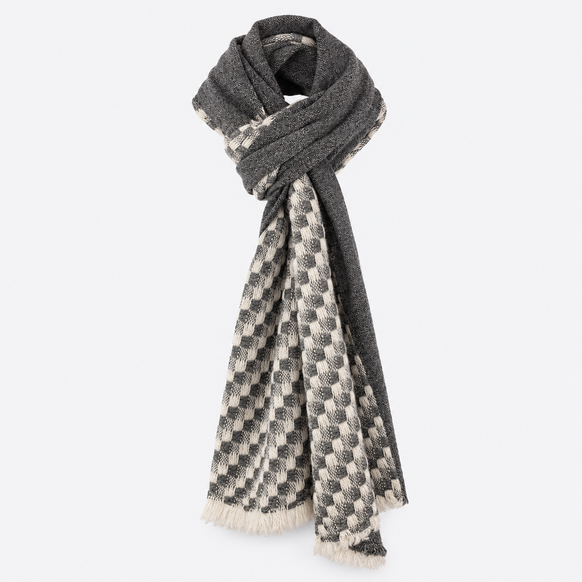 Charcoal and cream checkered scarf in knotted styling