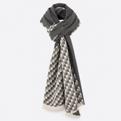 Charcoal and cream checkered scarf in knotted styling