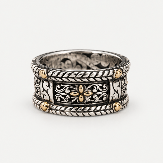 VILOS Filigree Band in sterling silver and 18k gold, front view