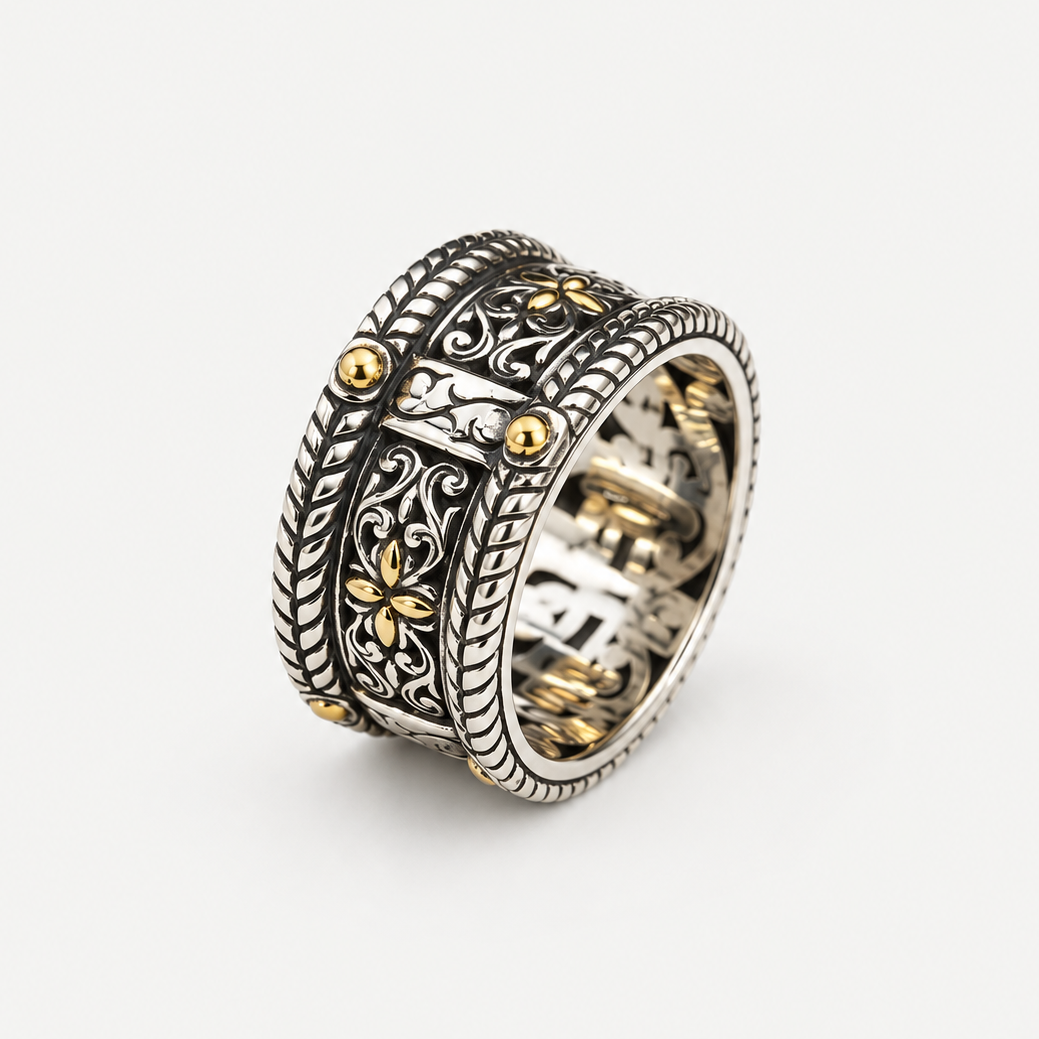 VILOS Filigree Band in sterling silver and 18k gold, three-quarter view