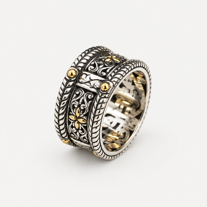 VILOS Filigree Band in sterling silver and 18k gold, three-quarter view