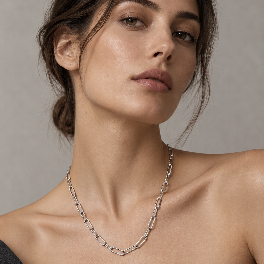 Frosted Paper Clip Necklace in Sterling Silver .925, styled view