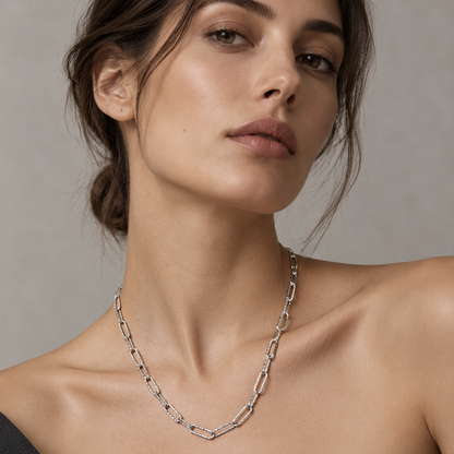 Frosted Paper Clip Necklace in Sterling Silver .925, styled view