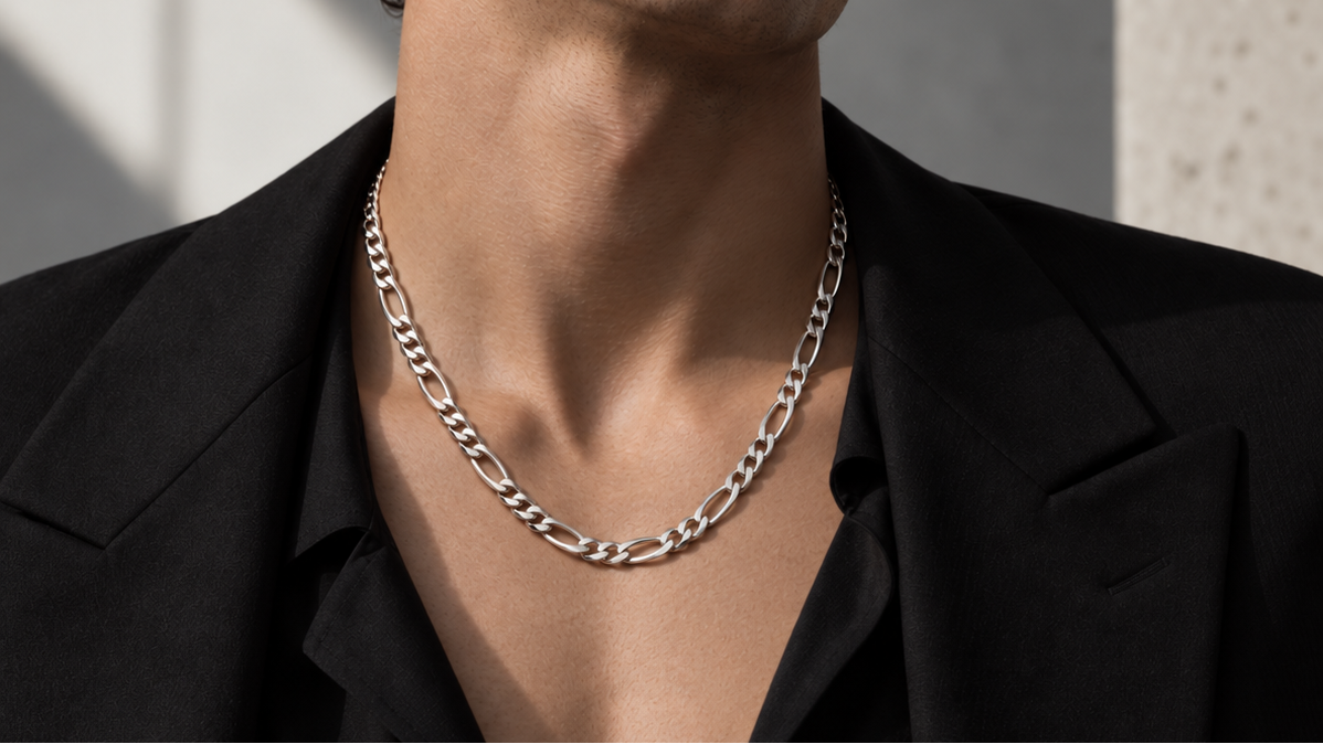 Large Figaro Necklace styled with a black suit