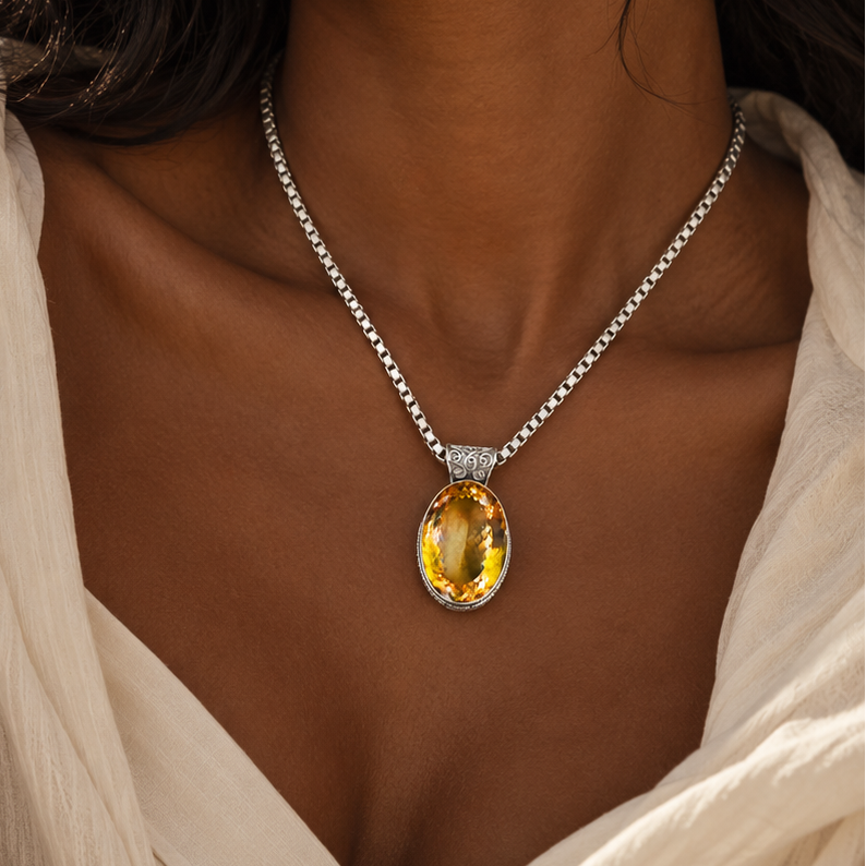 Oval Citrine Pendant and Necklace worn in a VILOS campaign portrait