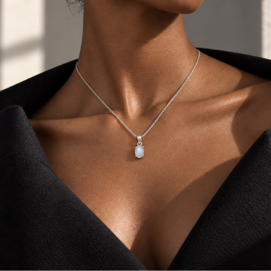 VILOS Oval Moonstone Pendant worn on model