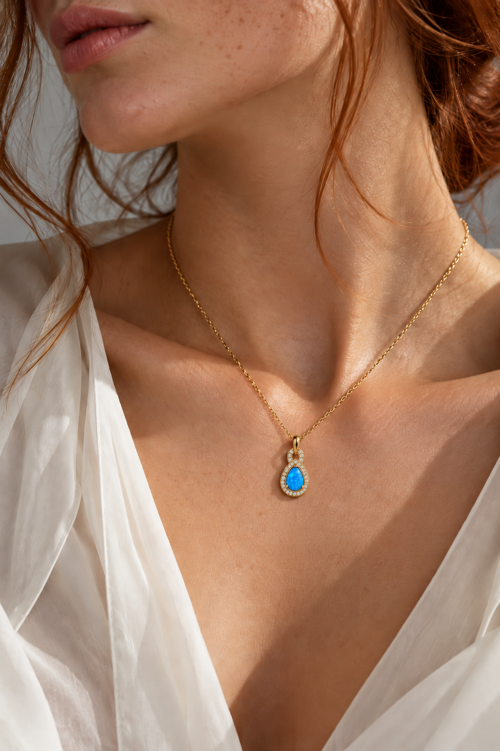 VILOS Shimmering Opalite Pendant worn with gold-plated chain