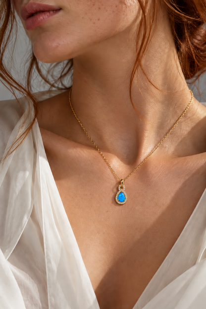 VILOS Shimmering Opalite Pendant worn with gold-plated chain