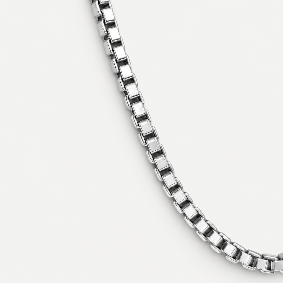 Signature Box Chain Necklace in sterling silver on ivory background