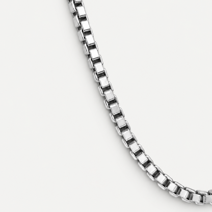 Signature Box Chain Necklace in sterling silver on ivory background