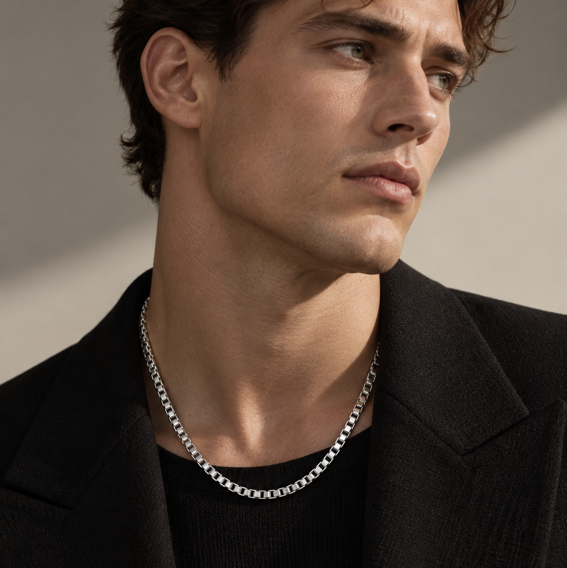 Signature Box Chain Necklace worn by a model