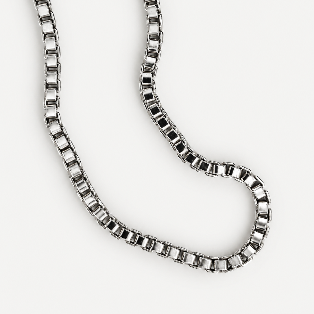 Signature Box Chain Necklace in sterling silver on pale gray background