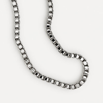 Signature Box Chain Necklace in sterling silver on pale gray background