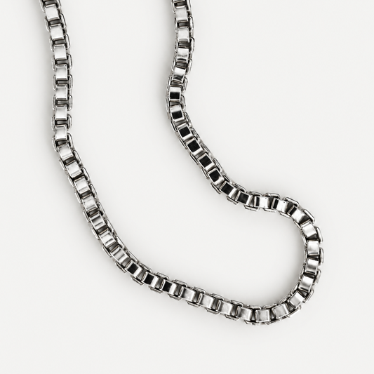 Signature Box Chain Necklace in sterling silver on pale gray background
