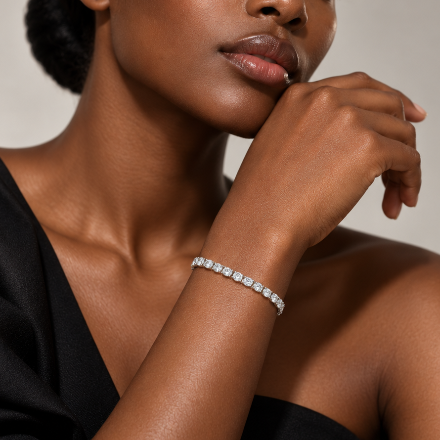Signature Tennis Bracelet worn in a VILOS campaign portrait