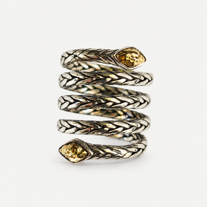VILOS Snake Ring in sterling silver and 18k gold, front view