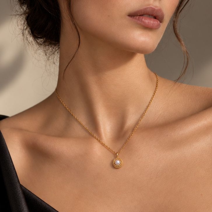 Solitaire Pearl Necklace styled on a model