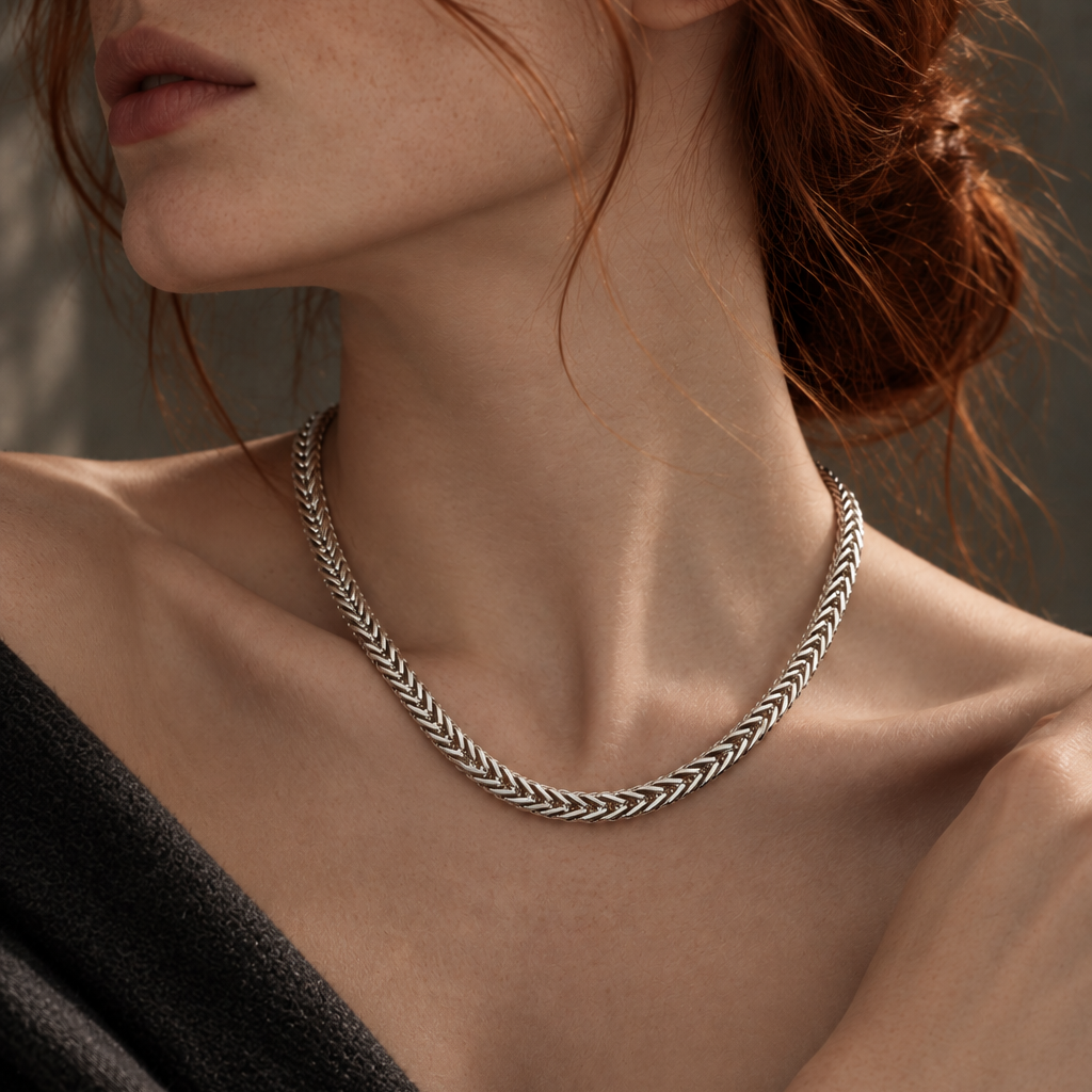 Square Foxtail Necklace styled on a model
