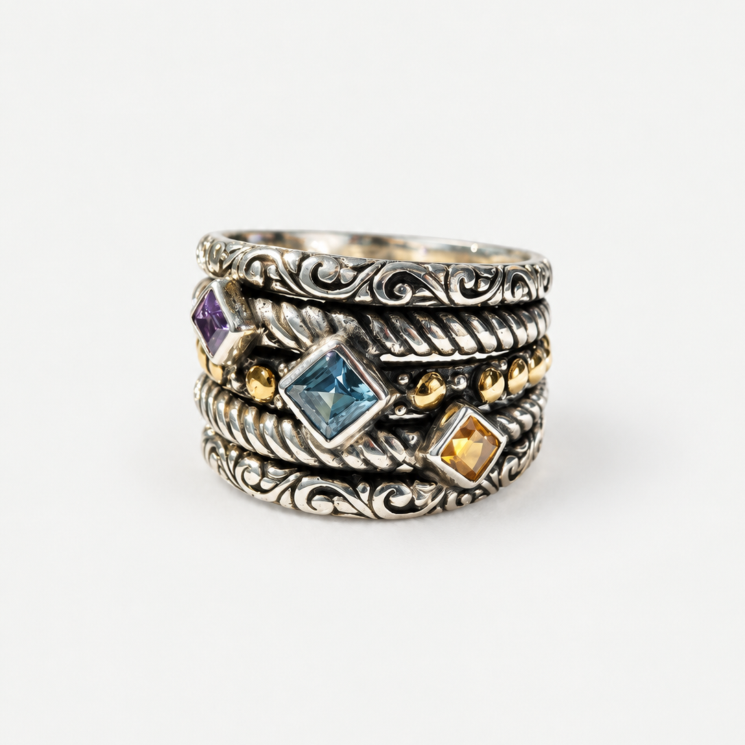 VILOS Trio Evening Band in sterling silver and 18k gold, front view
