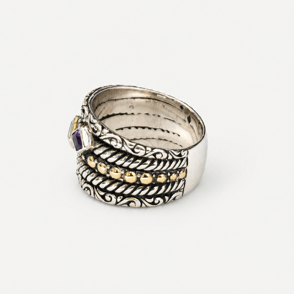 VILOS Trio Evening Band with citrine, aquamarine and amethyst, three-quarter view