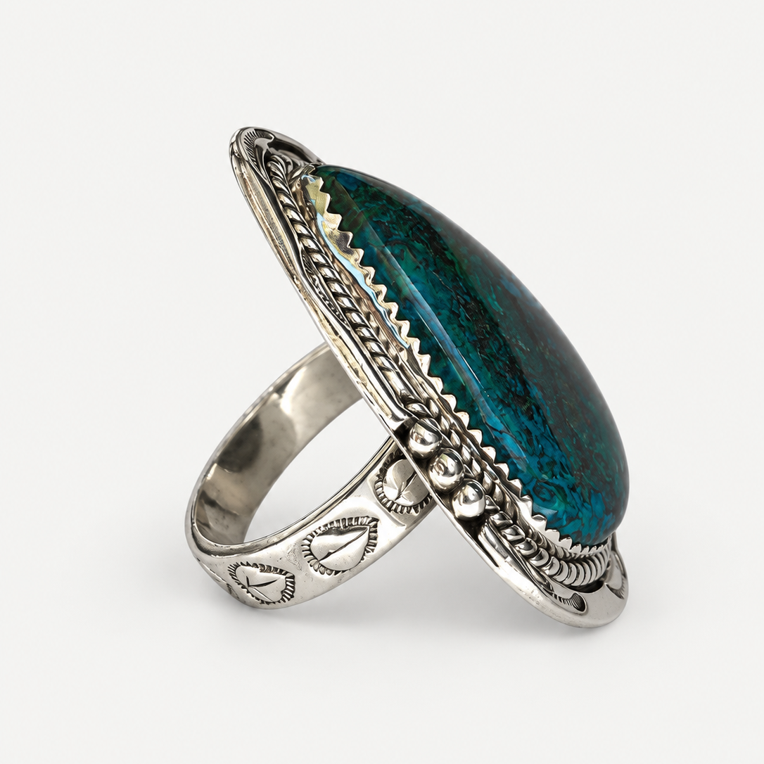 Azurite Western Ring opposite side showing engraved silver band