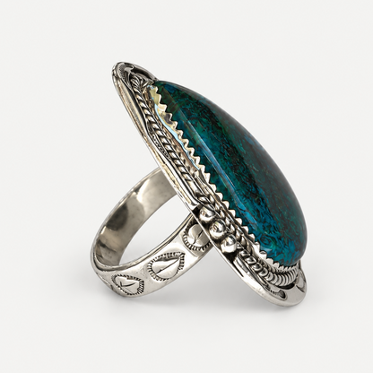 Azurite Western Ring opposite side showing engraved silver band