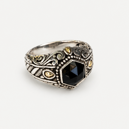 Black Onyx Filigree Ring angled front view