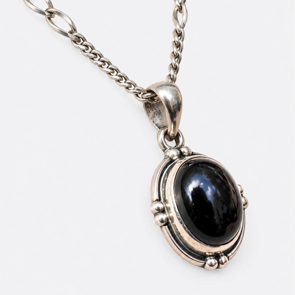 Black Onyx Oval Pendant Necklace in sterling silver, view 1