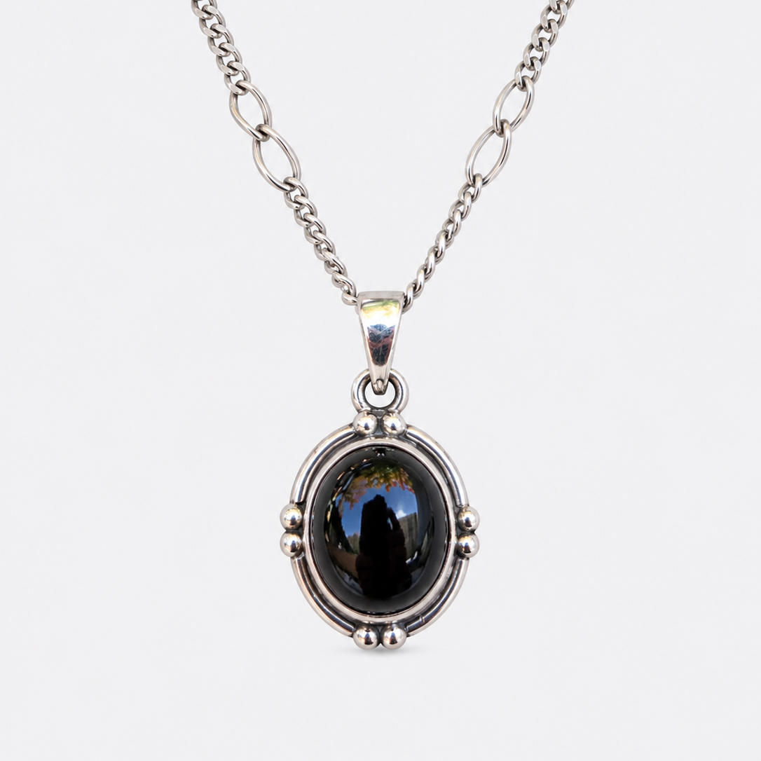 Black Onyx Oval Pendant Necklace in sterling silver, view 2