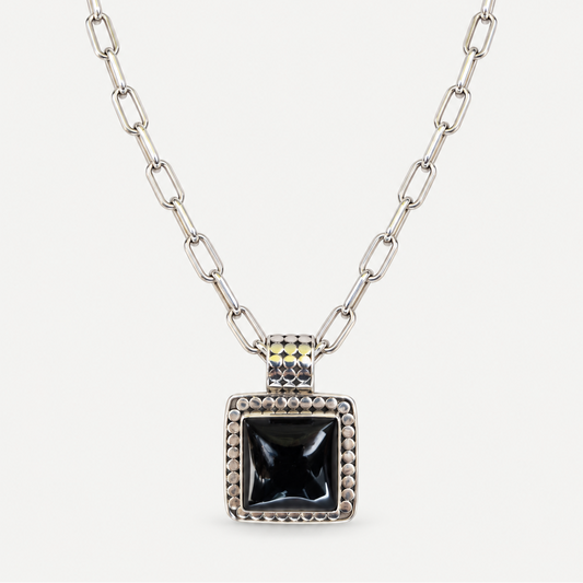 Black Obsidian square pendant necklace full view
