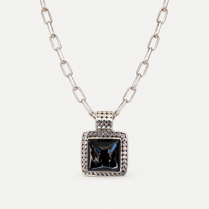 Black Obsidian square pendant with paperclip necklace