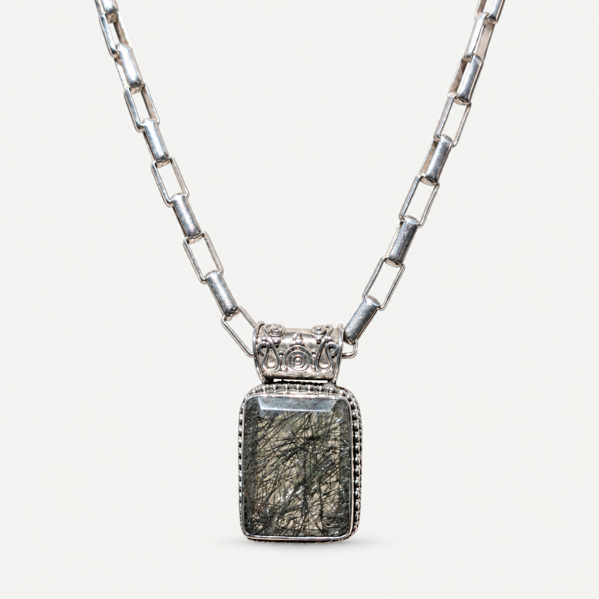 Black rutilated quartz pendant with silver chain