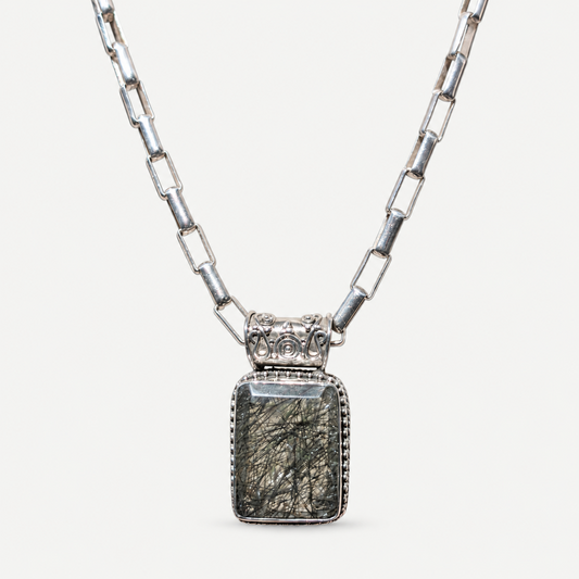 Black rutilated quartz pendant with silver chain