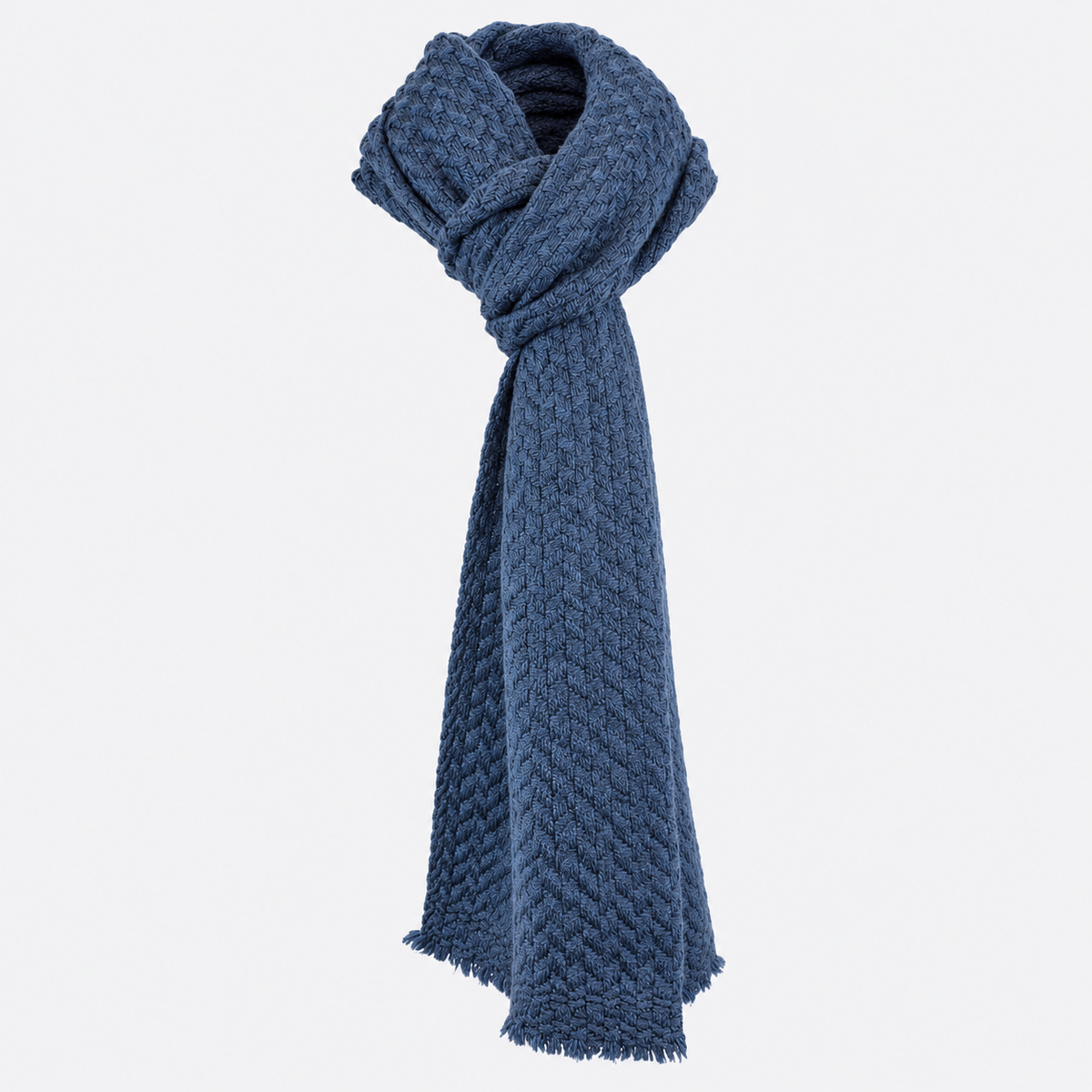 Slate blue woven scarf in knotted styling